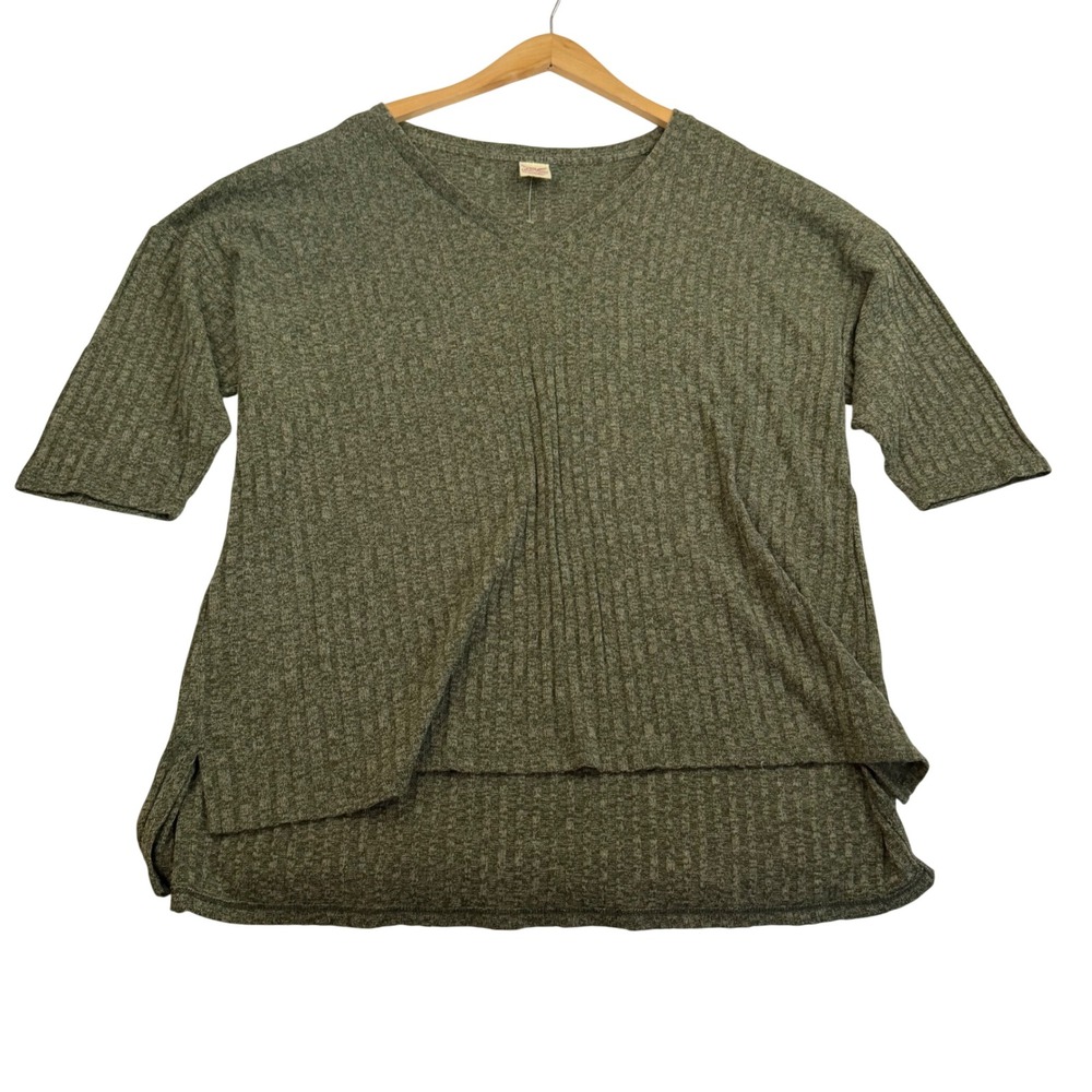 Faded Glory Womens 2X Olive Green Ribbed V-Neck High-Low Top Short Sleeve
